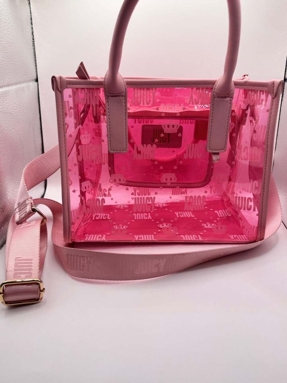 Juicy Beachin Small Pink Clear Logo Print Tote Bag with Crossbody Strap